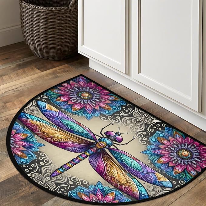 Dragonfly Half Round Door Mat Non Slip Half Circle Rugs | Colorful Animal Washable Half Moon Rug Semi Circle Rugs Indoor Entrance Floor Carpet for Kithen Bedroom Fireplace Decor
