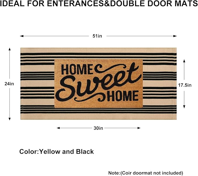 KIMODE Front Door Mats 24"x51", Black and Khaki Striped Layered Door Mats Outdoor,Machine Washable Farmhouse Front Porch Rug Fall Decor Cotton Hand Woven Entryway Rug for Doorway
