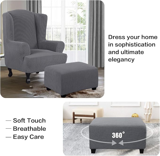 H.VERSAILTEX Ottoman Cover Slipcover Rectangle Fit Length 33"-38" Footrest Sofa Slipcovers Stool Cover Footstool Protector Covers Feature Stretch Thick Soft Jacquard Fabric Removable Washable - Grey