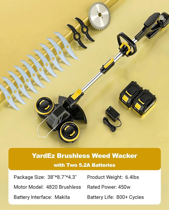 Brushless Cordless Weed Wacker, 4820 Gear Brushless Motor 20V Battery Powered Weed Eater, 3-in-1 Trimmer/Edger/Lawn Mower (Two Batteries Pack)