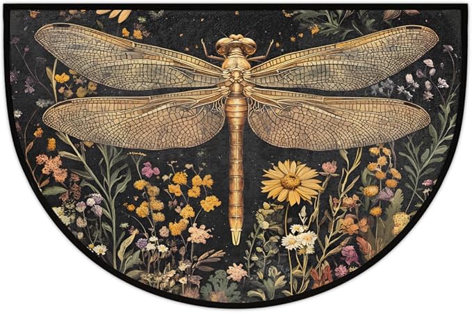 Dragonfly Half Round Door Mat Outdoor Doormat Bedroom Entrance Rug A20 | Dragonfly Flower Floral Semi Moon Door Mat Non-Slip Absorbent Kitchen Rug Indoor Welcome Bath Mat 36" X 24"