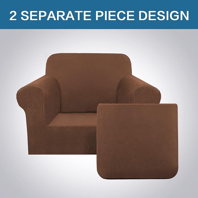 H.VERSAILTEX 2-Piece Armchair Cover Chair Slipcovers with Arms Sofa Slipcover for Chair Fit Arm Chair Width Up to 47 Inch, Anti-Slip Rich Stretch Knitted Jacquard Fabric Small Checks(Chair, Caramel)