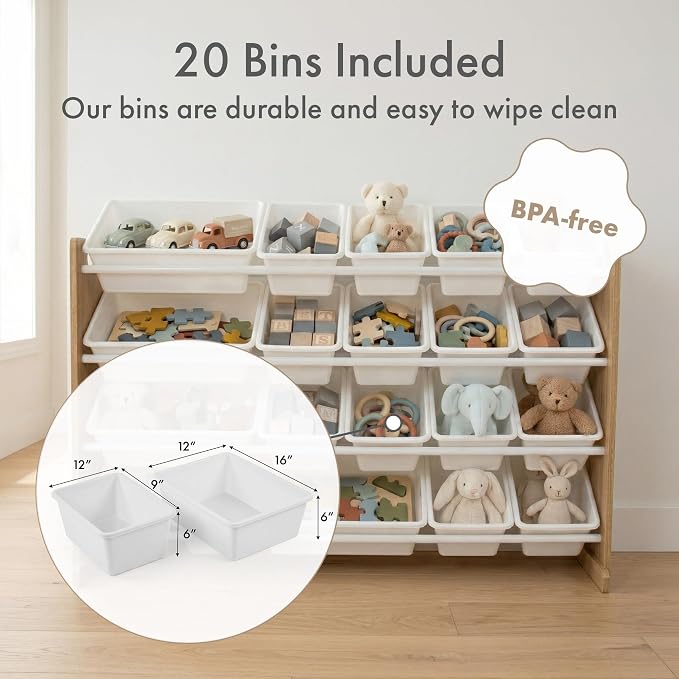 Humble Crew Kids Toy Organizer with 20 Bins, 4 Tier Storage for Playroom | Sturdy wood and steel toddler shelf, removable BPA-free containers, wall anchor anti-tip safety kit for bedroom or classroom