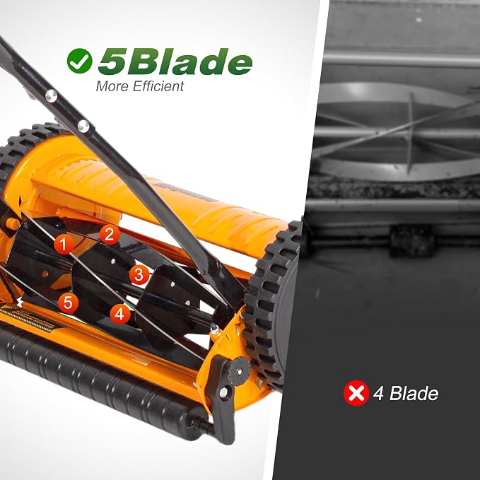 Walensee 16-Inch Manual Lawn Mower, 5-Blade Push Reel, 4 Heights | Precision-Ground Alloy-Steel Blades Make Clean Scissor-Like Cuts, With Quiet Cordless Operation For Small Lawns