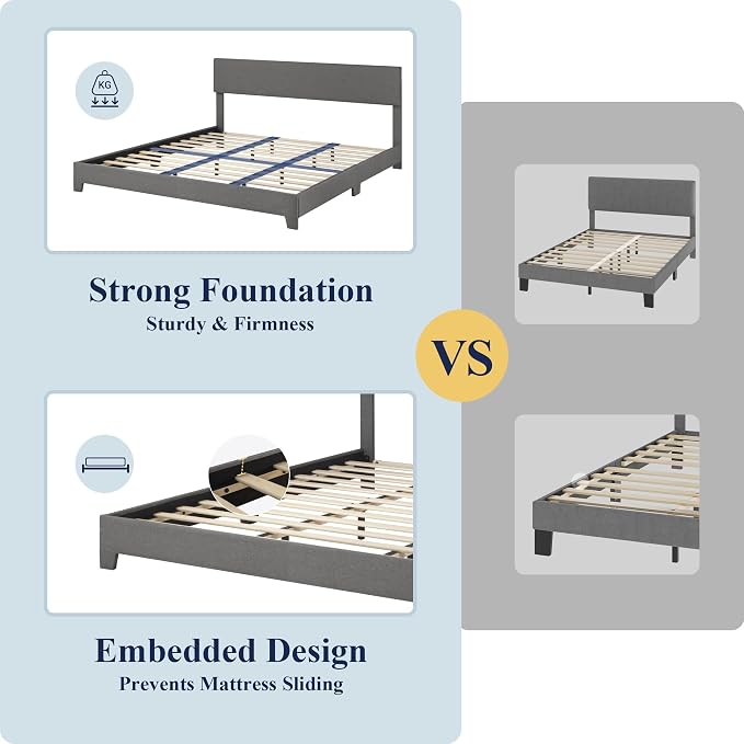 Allewie King Size Upholstered Bed Frame Adjustable Headboard, Dark Grey | Platform Bed with Heavy Duty Mattress Foundation, Noise-Free, Easy Assembly, Wood Slat Support, No Box Spring Needed