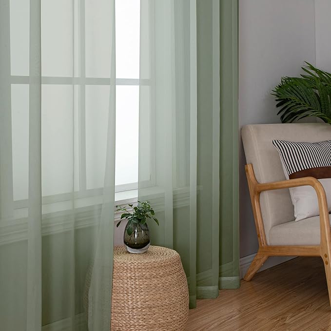 Lecloud Sage Green Sheer Curtains 90 Inches Long 2 Pcs, Modern Solid Voile - Image 2