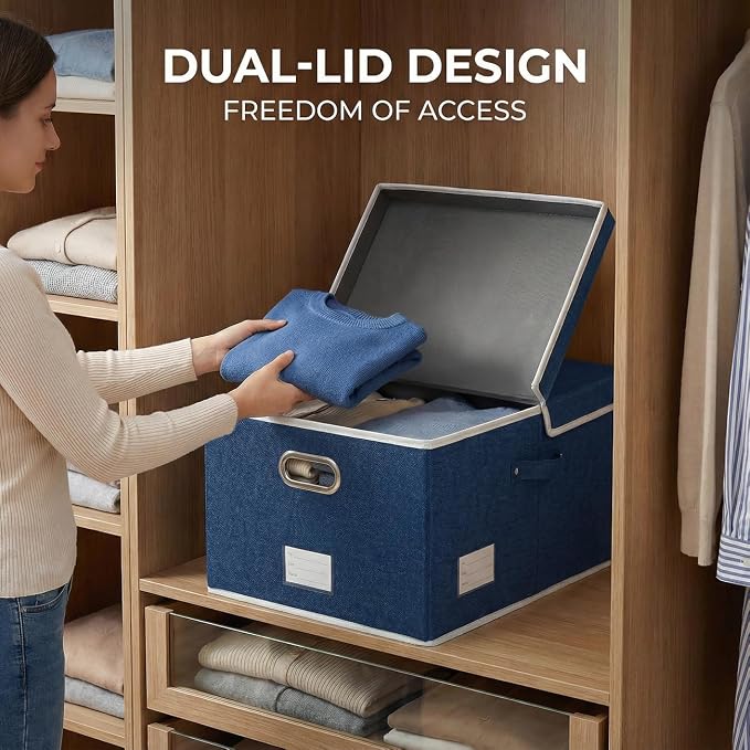 PRANDOM Storage Bins with Lids [3-Pack] Linen Fabric Foldable Storage Boxes Organizer Containers Baskets Cube with Cover for Bedroom Closet Office Royal Blue(23.4X15.9X11.4)