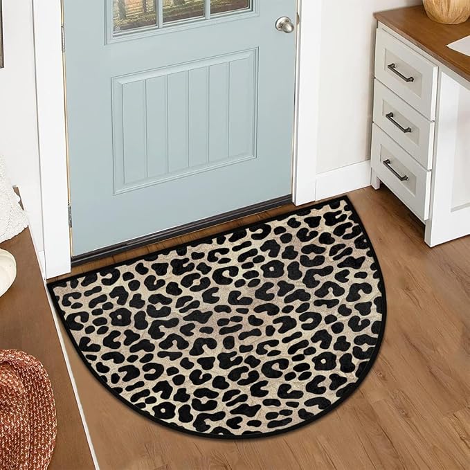 Leopard Print Cheetah Brown Half Round Door Mat Non-Slip Semi Circle Rug Washable Half Moon Floor Rug Absorbent Bathroom Area Rugs for Outdoor Indoor Fireplace Mat Entryway Kitchen Decor Rugs
