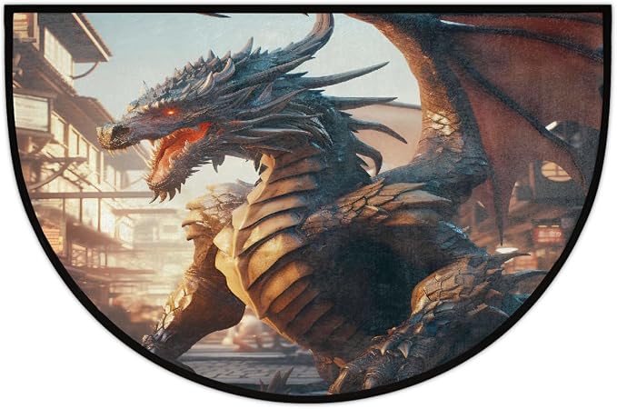 Dragon Half Round Doormat Non-Slip Semi Circle Rug Half Moon Mat | Retro Rustic Animal Washable Soft Absorbent Indoor Outdoor Entrance Kitchen Bathroom Sink Patio Welcome Fireplace Floor Rug