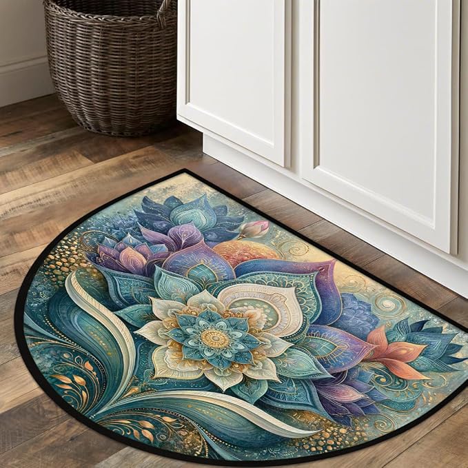 Flower Half Round Door Mat Semi Circle Rug Half Moon Doormat | Soft Washable Teal Elegant Welcome Entrance Mat for Outdoor Indoor Floor Bedroom Bathroom Home Kitchen Festival Decor