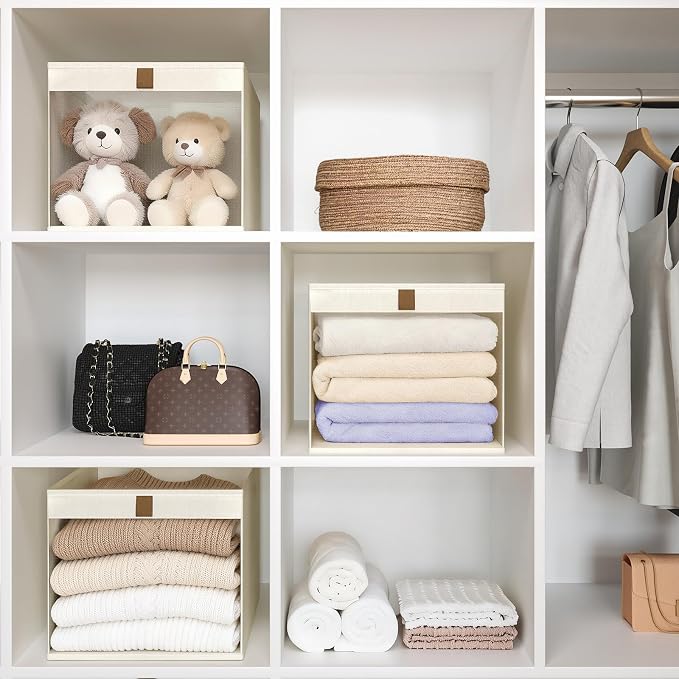 Linen Closet Organizers and Storage, Closet Storage Bins Basket Organizer, Foldable Organization Baskets with Mesh Window for Clothes Towels and Toys, 10.75" x 10.75" x 7.5", Beige, 6 pack