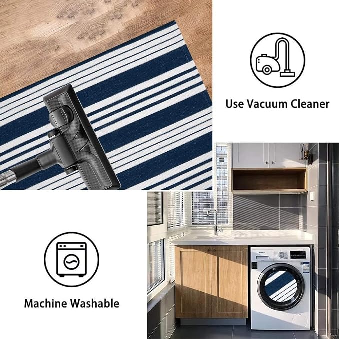 OJIA Outdoor Mats for Front Door 24"x51" Porch Rug Blue & White Outdoor Rug | Machine Washable Front Door Mat Cotton Woven Blue and White Outdoor Rugs Striped Kitchen Runner Doormat for Entry/Entrance