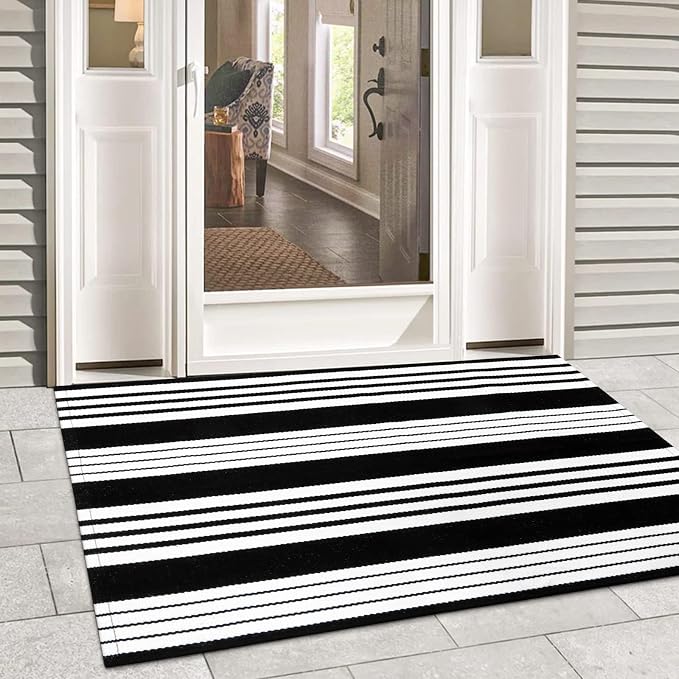 LEEVAN 3'X5' Black and White Striped Woven Cotton Reversible Outdoor Rug | Small Machine Washable Front Porch Rug, Entryway Door Mat, Indoor Layering Carpet for Farmhouse Bathroom Laundry