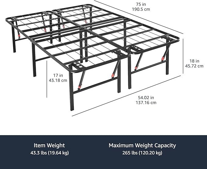 Amazon Basics Bed Frame with Storage, Foldable Metal Platform, Sturdy Steel, No Box Spring Needed, 18 inches High, Tool-Free Setup, Full Size, Black