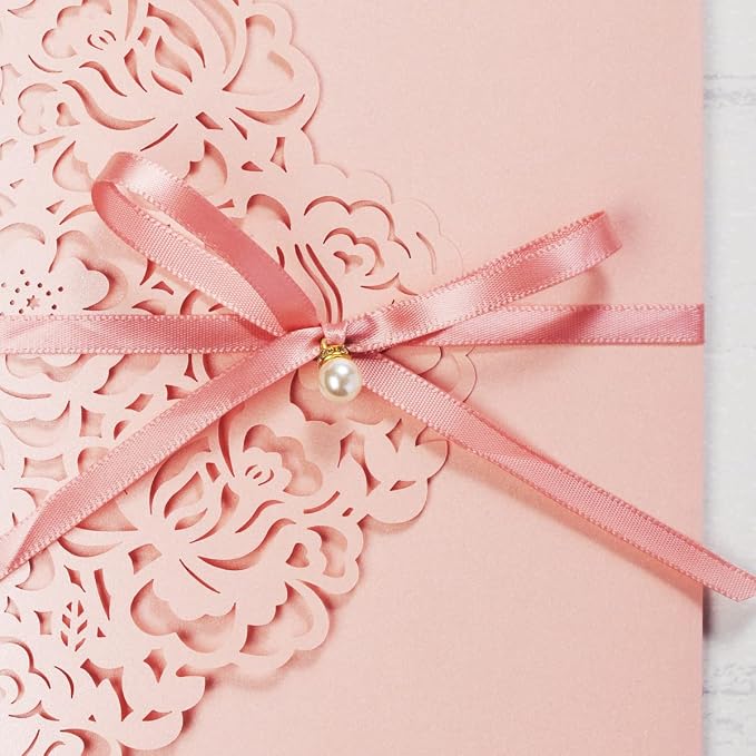 50PCS Pink Customized Quinceanera Invitation Cards with Envelopes 5x7.3 Inch Laser Cut Hollow Rose Pocket with Ribbon invitations for Quincenera Birthday Invite