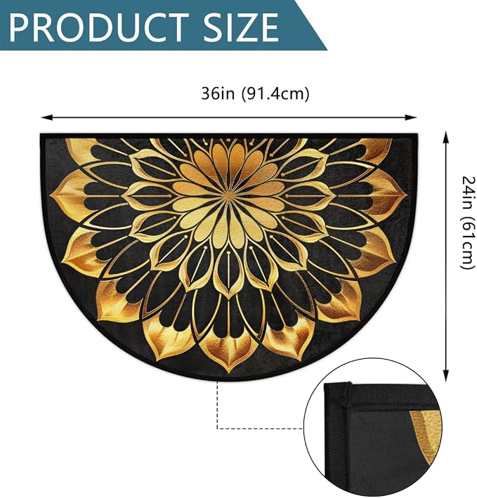 Half Round Doormat Mandala Ethnic Gold Florals Non Slip Half Circle Area Rugs Indoor Washable Half Moon Rug Semi Circle Bathroom Runner Mat Entrance Floor Carpet for Kithen Bedroom Fireplace Decor