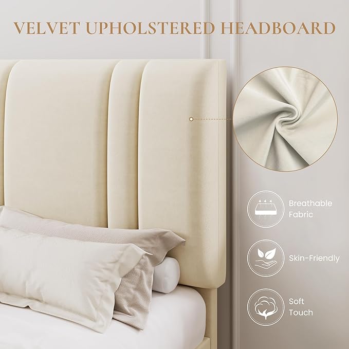 SHA CERLIN Full Size Velvet Bed Frame with Adjustable Headboard, Cream | Vertical Channel Tufted Design, Upholstered Platform Bed, Wood Slats Support/No Box Spring Needed/Easy Assembly