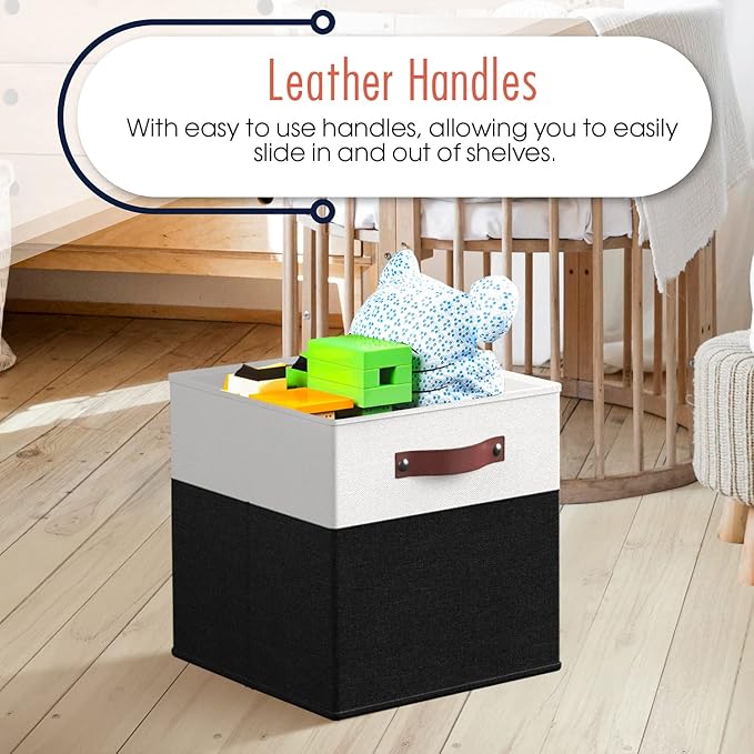 Ornavo Home 13x13 Foldable Fabric Storage Cube Bins, 6 Pack, White/Black | Collapsible Linen Shelf Basket Organizer; Leather Handles; Ideal Cube Storage For Closet