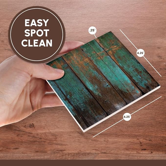 3dRose Teal Distressed Country Wood Effect Set of 4 Ceramic Tile Coasters