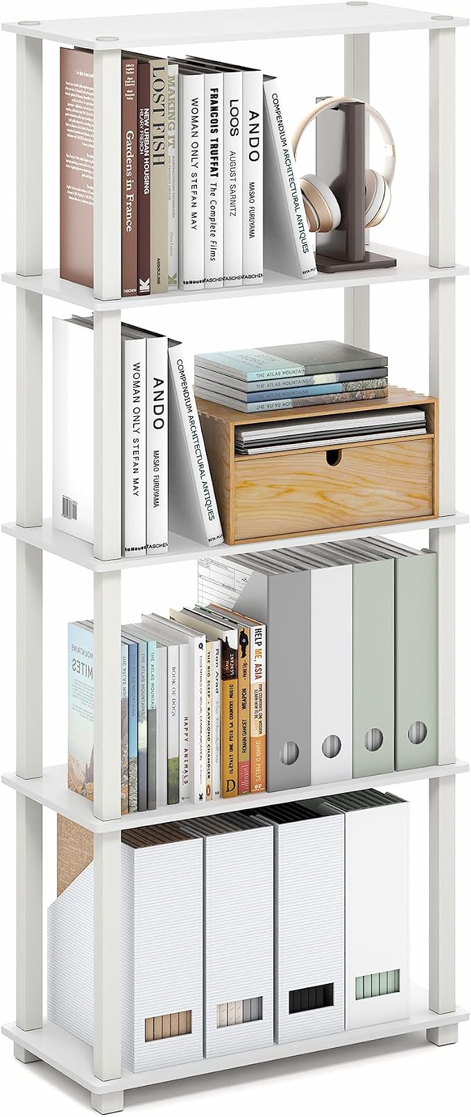 Furinno Turn-S-Tube Book Shelf, 5-Tier Toolless Storage Shelves with Square Tubes, Shelving Unit for Organization and Storage for Living Room, Home Office, White