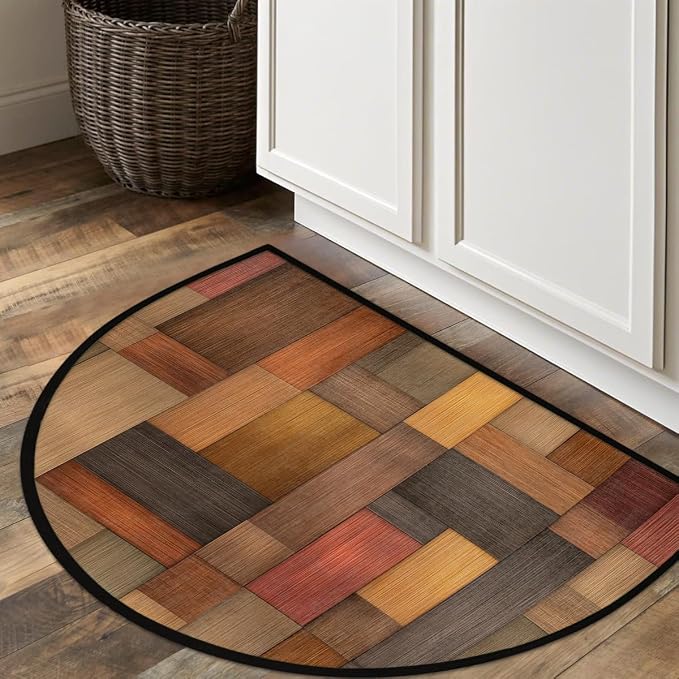 Wood Half Round Doormat Semi Circle Rug Half Moon Rug Entryway Mat | Wooden Retro Washable Non Slip Outdoor Floor Rug Kitchen Mat for Indoor Outdoor Bathroom Fireplace Bath Decor