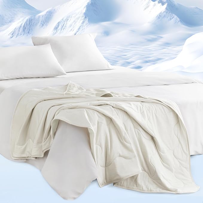 Sharper Image Cooling Touch Down Alternative Throw Blanket, 50 x 60, Ivory | Jersey Knit, All Season, Ultra Soft, Microfiber, Cozy Warmth for Sofa or Bed, Quilted, Lightweight, OEKO-TEX Certified