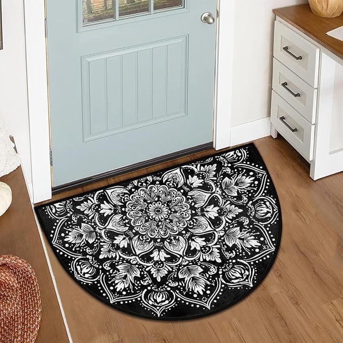 Mandala Black Half Round Door Mat Semi Moon Rug Fireplace Carpet Area Rugs | Mandala Black Non Slip Absorbent Half Circle Mat Carpet for Indoor Outdoor Patio Kitchen Bathroom Entryway Home Decor