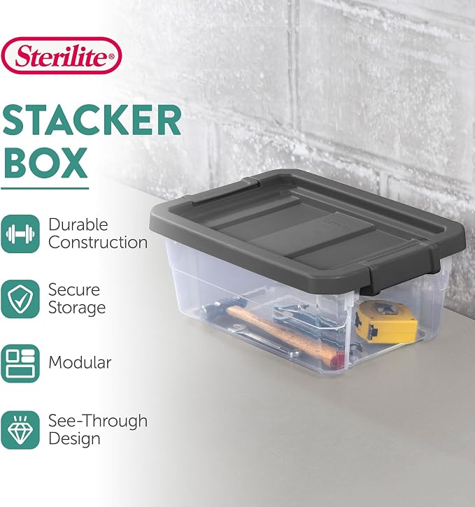 Sterilite Modular Stacker Box with Latching Lid, 16 Quart, 24-Pack | Clear Plastic Storage Bins - Stackable Organizing Container Boxes for Closet, Bathroom, and Office