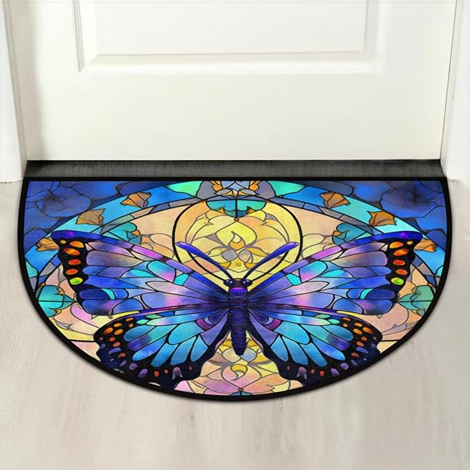 Half Round Door Mat Blue butterfly Glass Window Intdoor Entrance 36x24 Inch, Non-Slip Welcome Mat for Outdoor Semi Circle Bathroom Floor Rugs,House Entry Way Heavy Duty Doormat for Kitchen Living Room
