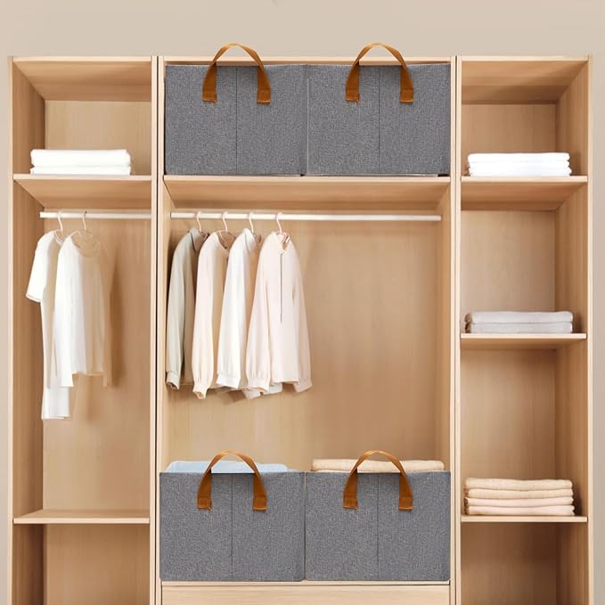 4 Pack Closet Cloth Storage Bins with Handles（Grey 17''L x 12''W x 10''H）