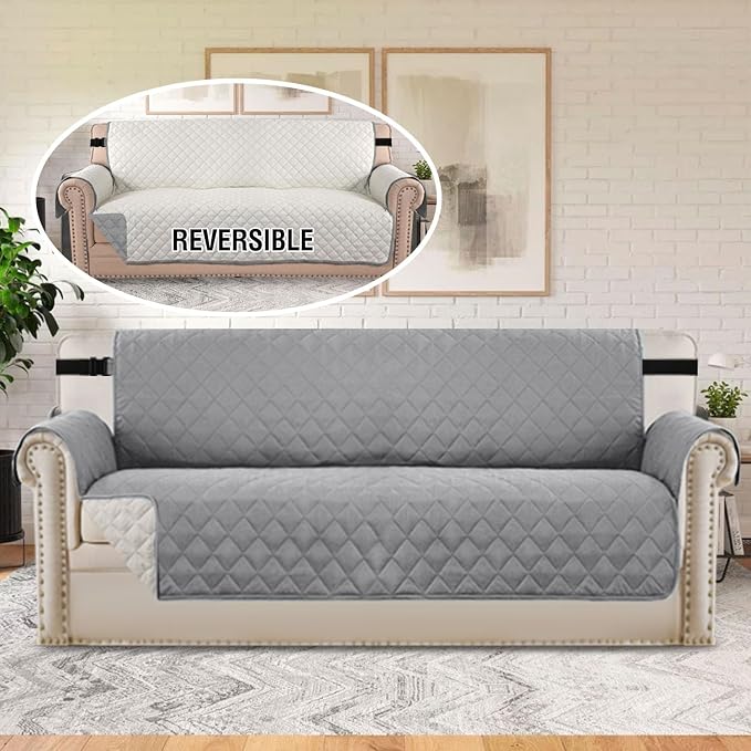 H.VERSAILTEX Reversible Sofa Cover Couch Cover for 3 Cushion Couch Water Resistant Sofa Cover for Living Room Quilted Furniture Couch Cover for Sofa Washable Couch Protector(Sofa, Light Grey/Beige)