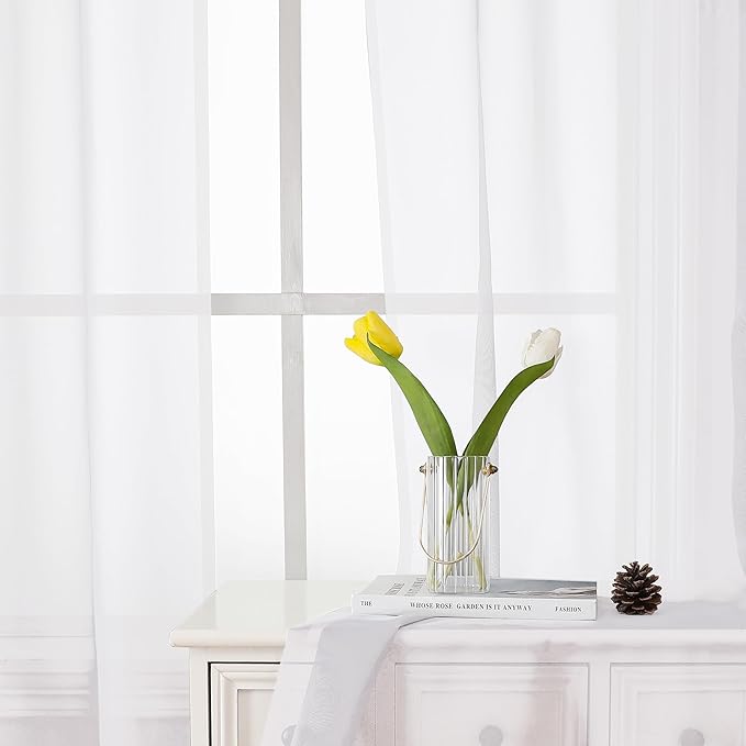 Lecloud White Sheer Curtains 68 Inch Length 2 Pcs, Voile Dual Rod Pocket Living Room Curtains for Bedroom, Elegant Window Treatments with Light Filtering Drapes for Bathroom, Each Panel 42" W x 68" L