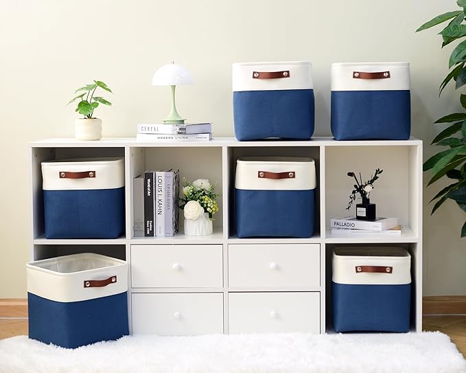 FinishingBo 11 inch Cube Storage Bin 6 Pack, Cube Organizer Bins | Fabric Storage Bins With Handles, 11x11 Storage Cubes, Shelf Basket, White/ Blue
