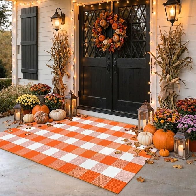Buffalo Plaid Rug 3' x 5' Orange and White Front Door Mat Reversible Halloween Doormat Layered Porch Rug Washable Hand Woven Cotton Area Rug for Indoor Outdoor Entryway Patio Porch Decor