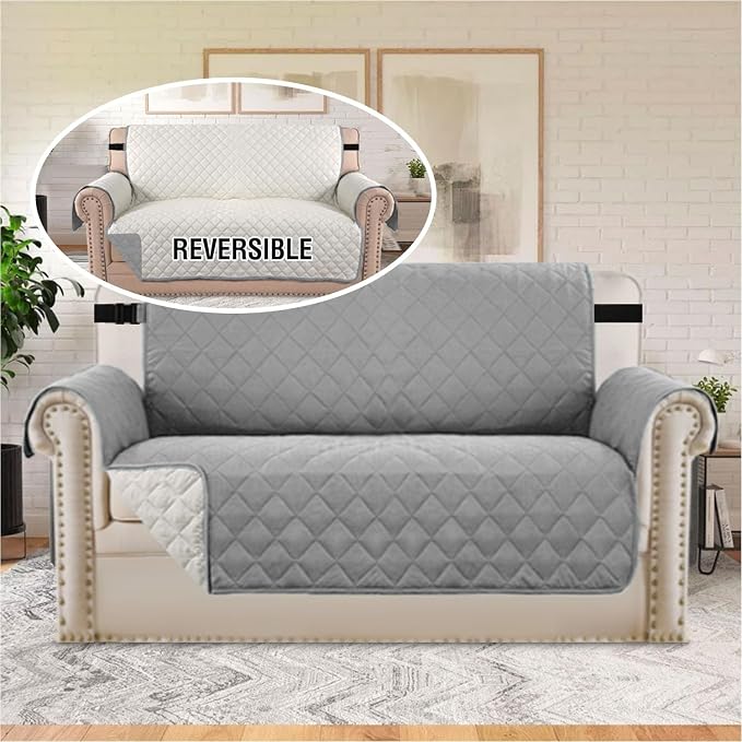 H.VERSAILTEX Reversible Loveseat Cover Water Resistant Furniture Protector for Dogs Non Slip Couch Cover with Elastic Strap Washable Loveseat Slipcover(Oversized Loveseat, Light Grey/Beige)