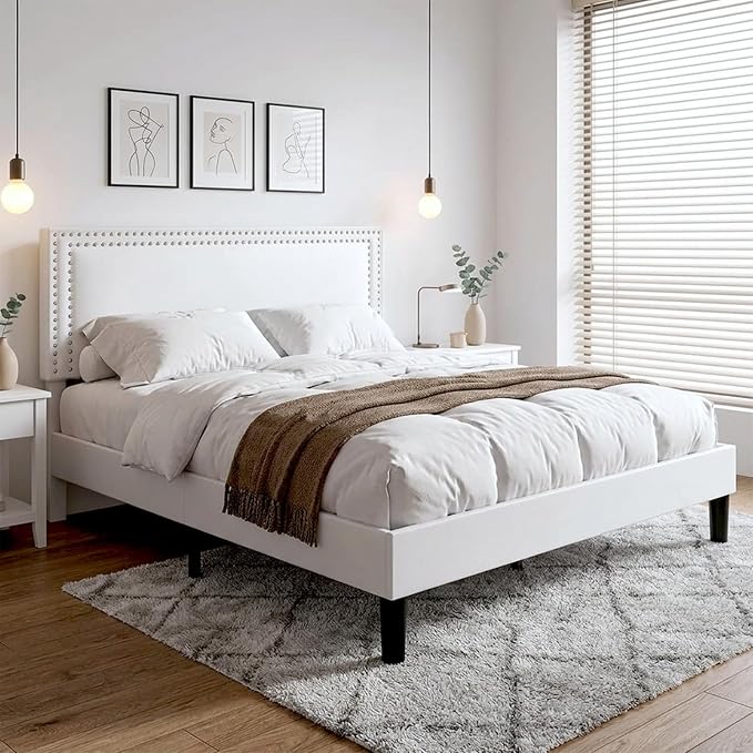 VECELO Queen Size Platform Bed Frame with Height Adjustable Upholstered Headboard, Modern Mattress Foundation,Strong Wood Slat Support, No Box Spring Needed, Easy Assembly,White