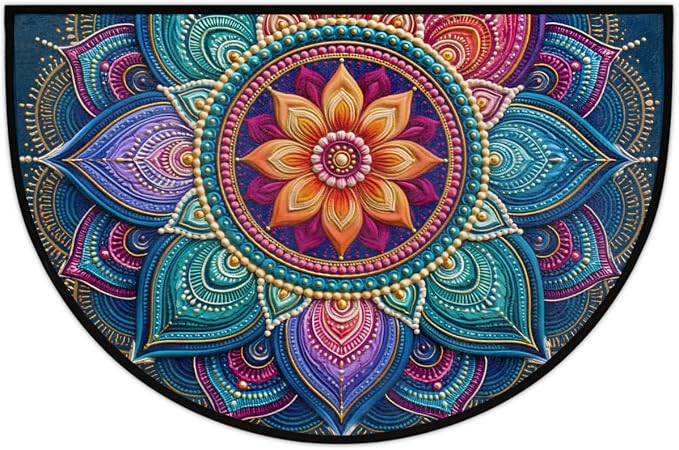 Mandala Half Round Door Mat Semi Moon Rug Fireplace Carpet Area Rugs | Ethnic Color Non Slip Absorbent Half Circle Mat Carpet for Indoor Outdoor Patio Kitchen Bathroom Entryway Home Decor