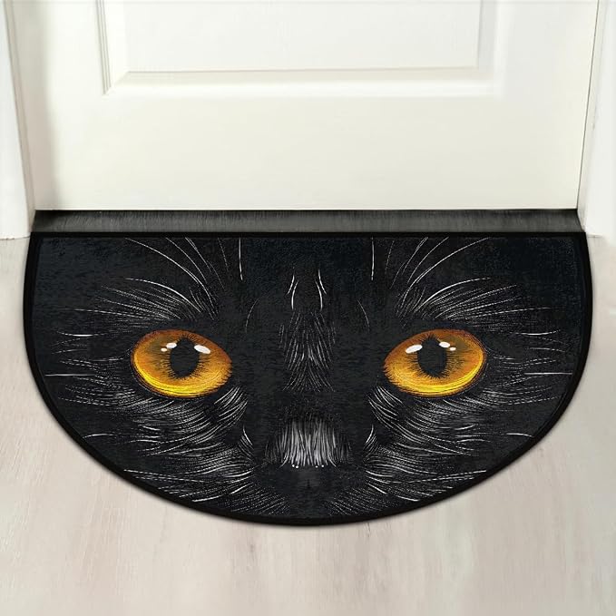 Black Cat Half Round Door Mat Non Slip Half Circle Rugs | Cat Eyes Black Washable Half Moon Rug Semi Circle Rugs Indoor Entrance Floor Carpet for Kithen Bedroom Fireplace Decor