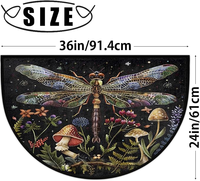 Dragonfly Half Round Doormat Non-Slip Semi Circle Rug Half Moon Mat | Mushroom Leaf Flower Washable Soft Absorbent Indoor Outdoor Entrance Kitchen Bathroom Sink Patio Welcome Fireplace Floor Rug