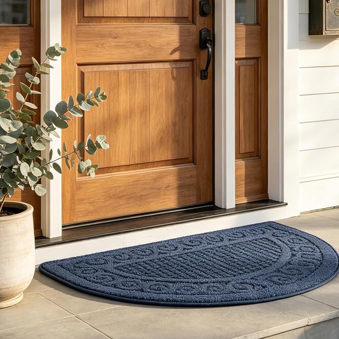Half Circle Door Mat Indoor 18"X30",Half Round Non Slip Machine Washable Entryway Porch Rug for Front/Back Outdoor, Absorbent Low Profile Inside Entrance Floor Mat for Muddy Wet Shoes and Paws-Navy…