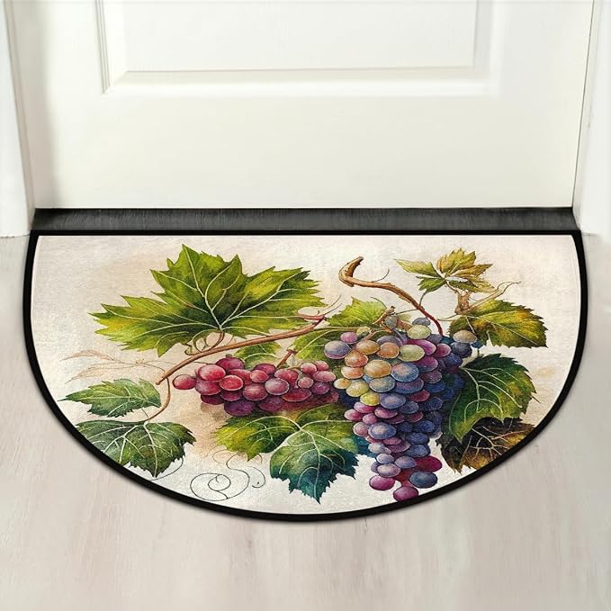Grape Half Round Doormat Non-Slip Semi Circle Rug Half Moon Mat | Retro Fruit Leaf Washable Soft Absorbent Indoor Outdoor Entrance Kitchen Bathroom Sink Patio Welcome Fireplace Floor Rug