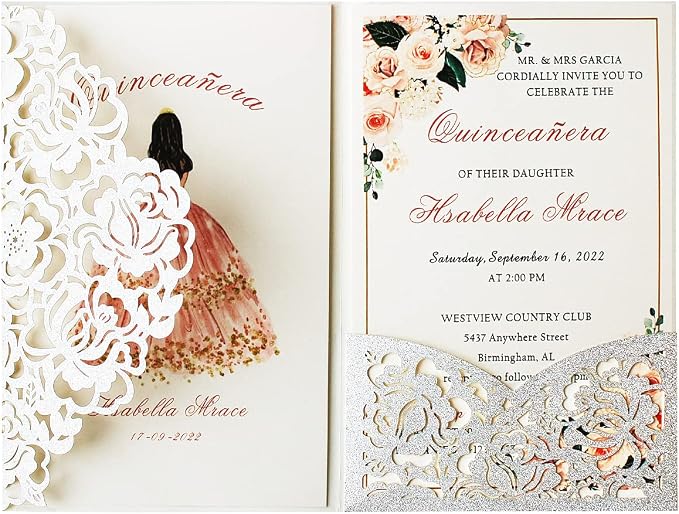 50PCS Customized Silver Laser Cut Quinceanera Invitation kit 5x7.3 Inch Hollow Rose Floral Quinceanera Invitation Cards with Envelopes for Quinceañera Birthday Invite