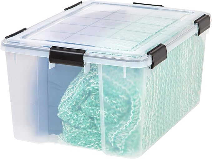 IRIS USA 8 Pack WeatherPro 62.8 Quart Stackable Storage Tote Bins, Plastic Gasket Box with Tight Latching Lids and Seal, Clear/Black