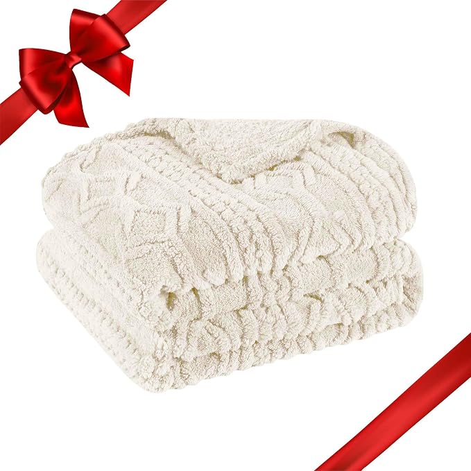 Superior Fleece Boho Jacquard Blanket, Decorative Blankets for Bedroom, Sofa, Fuzzy, Plush, Fluffy, Soft, Cute Room Decor, Beautiful Cover, Comfort Essentials, Arctic Collection, Full/Queen, Ivory