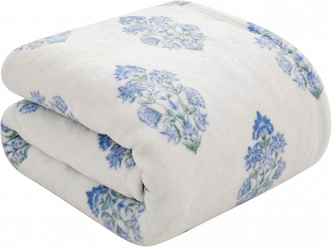 Oversized Plush Throw Blanket 60" x 70", Floral Block Print Blue