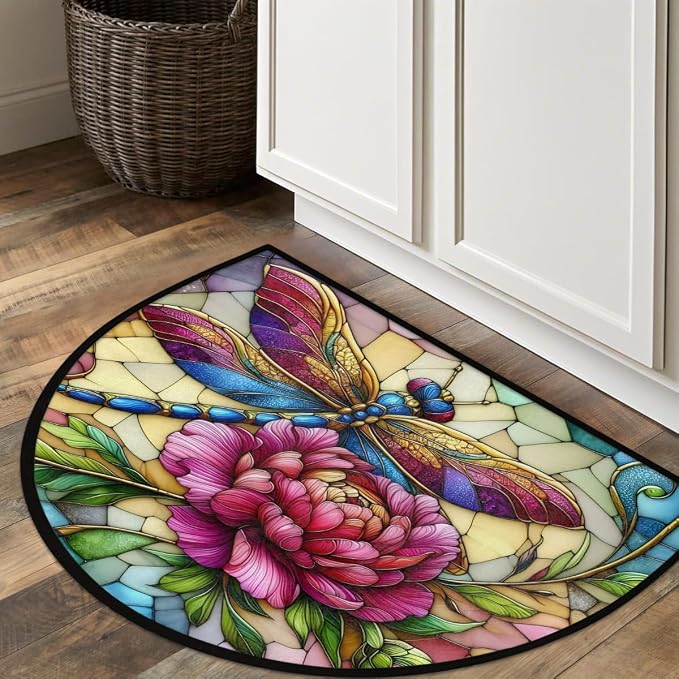 Pardick Half Round Doormat Butterfly Flower Colorful Semi Circle Rug Non Slip Indoor Outdoor Entrance Half Moon Rug Washable Front Floor Mat for Kitchen Bathroom Patio Fireplace Holiday Decor