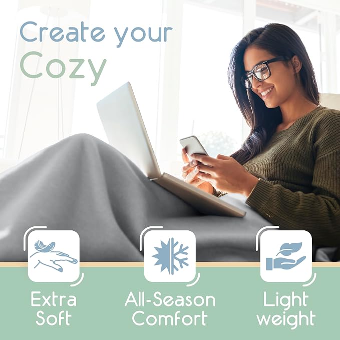 Full/Queen Size Microfleece Blanket | Fleece Bed Blanket | All-Season Comfort | Supersoft Lightweight | Plush Throw Blanket for Bed Couch or Sofa | Pet-Friendly | Light Grey