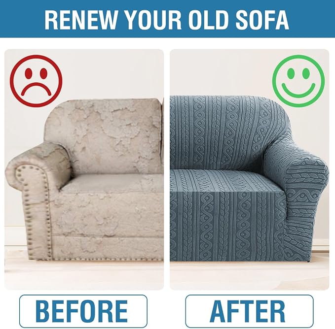 H.VERSAILTEX Loveseat Covers 1 Piece Stretch Couch Covers Anti Slip Sofa Slipcovers Soft Furniture Protector Upgrade Thick Jacquard Fabric with Spiral Pattern(58"-70", Stone Blue)