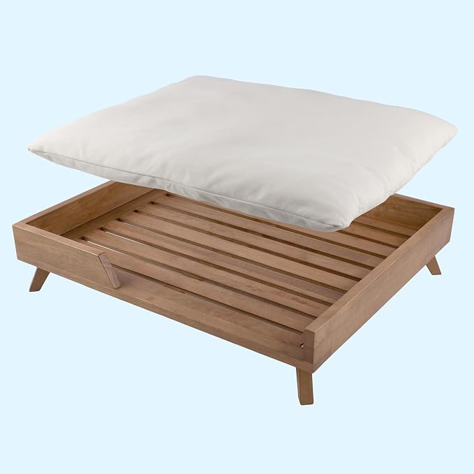 Elevated Dog Bed - 36” x 29.5” Indoor Pet Bed with Frame and Soft Cushion - Mid-Century Modern Wood Dog Bed for Medium to Large Pets by PETMAKER (Natural)