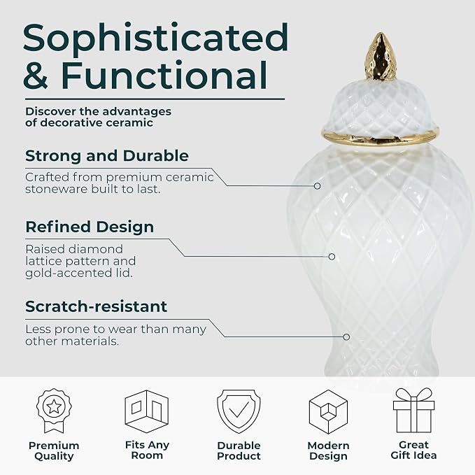 Decorative Ceramic Vase with Lid for Living Room and Home Decor - Elegant Flower Vase Accent for Room, Bedroom, or Office Display - Sculpted Table Accent for House Decoration - 15", White & Gold